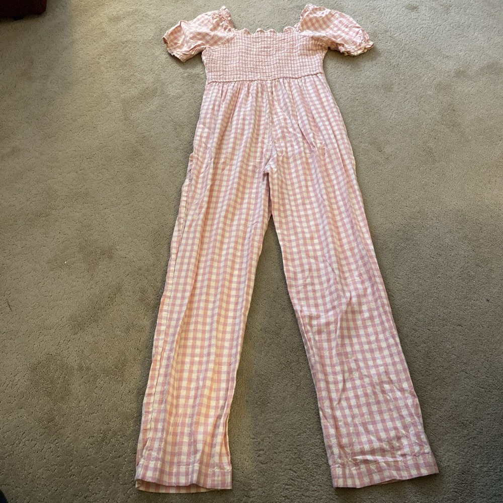 JESSICA SIMPSON PINK GINGHAM SMOCKED‎ BODICE JUMPSUIT W/POCKETS SIZE M - Picture 11 of 11